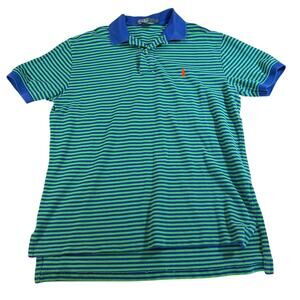 VTG Polo Ralph Lauren green blue stripe polo. Size L. orange pony. preppy, golf
